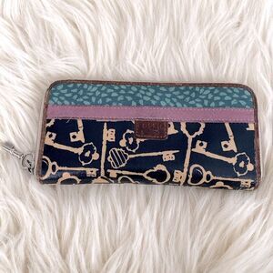 Fossil Key Print Long Wallet Navy & Teal Signature Key Charm Boho Cottagecore